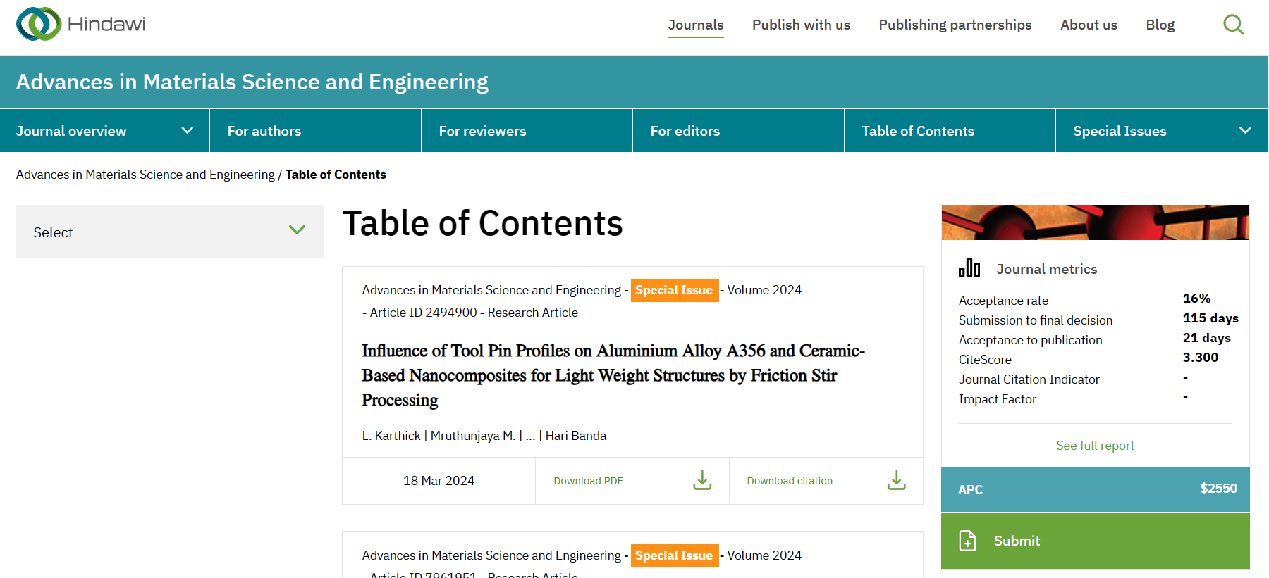 Advances in Materials Science and Engineering